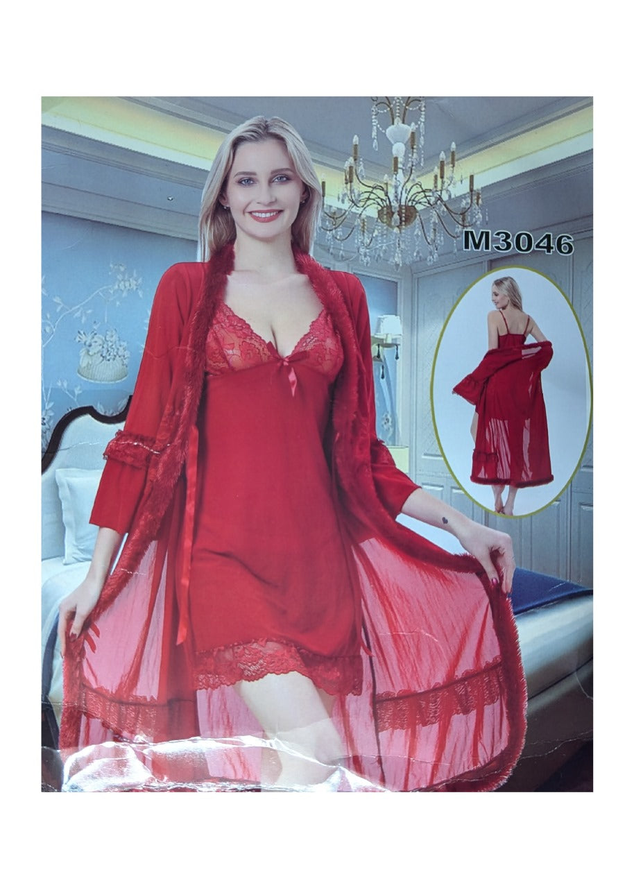 Women’s 3-Piece Red Nightwear Set – Nightgown, Lingerie & Lace Robe