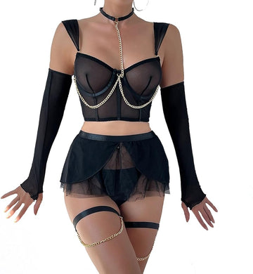 Lust Girl See-Through Mesh Skirt &amp; Chain Halter Lingerie Set